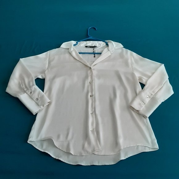Women's Zara Cream Colored Polyester Long Sleeve Blouse, Size M - Picture 1 of 12